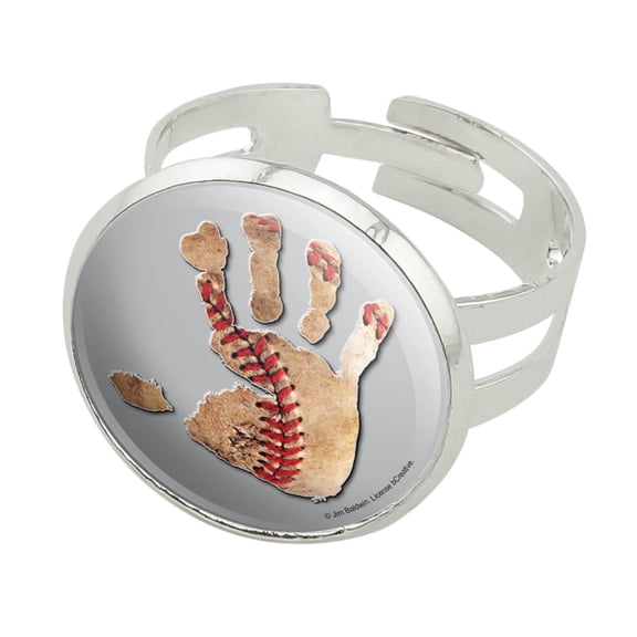 Hand Print Baseball Get a Grip Silver Plated Adjustable Novelty Ring