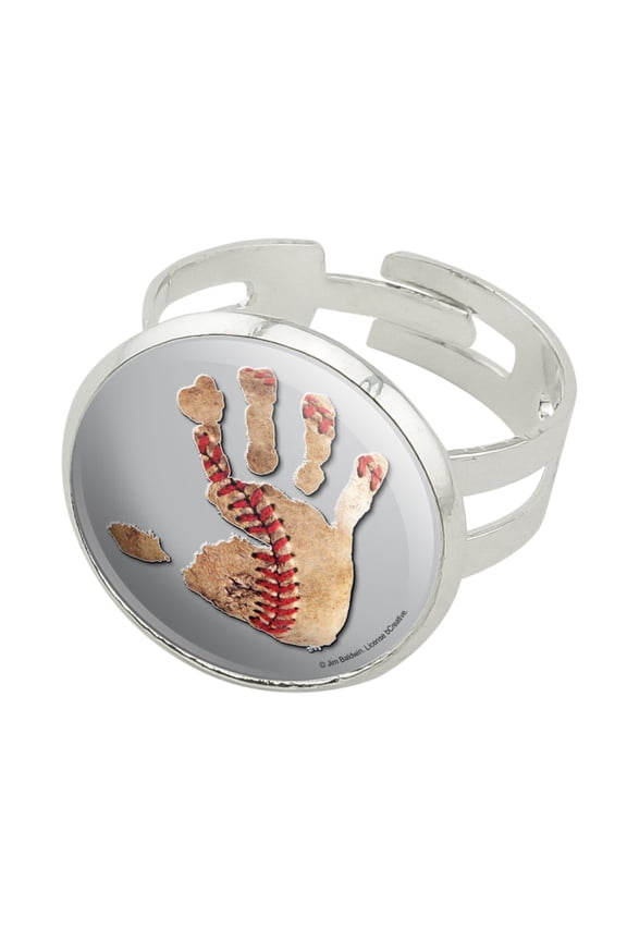 Hand Print Baseball Get a Grip Silver Plated Adjustable Novelty Ring