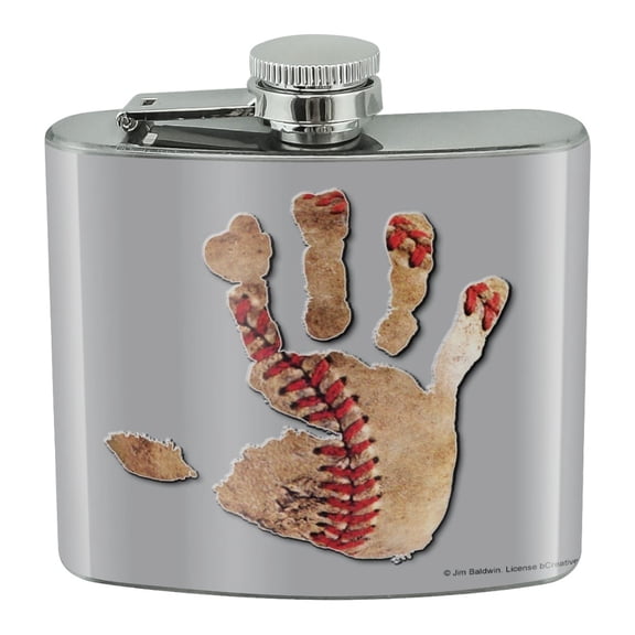 Hand Print Baseball Get a Grip Stainless Steel 5oz Hip Drink Kidney Flask
