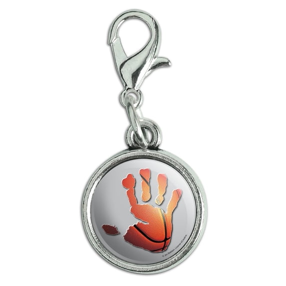 Hand Print Basketball Get a Grip Antiqued Bracelet Pendant Zipper Pull Charm with Lobster Clasp