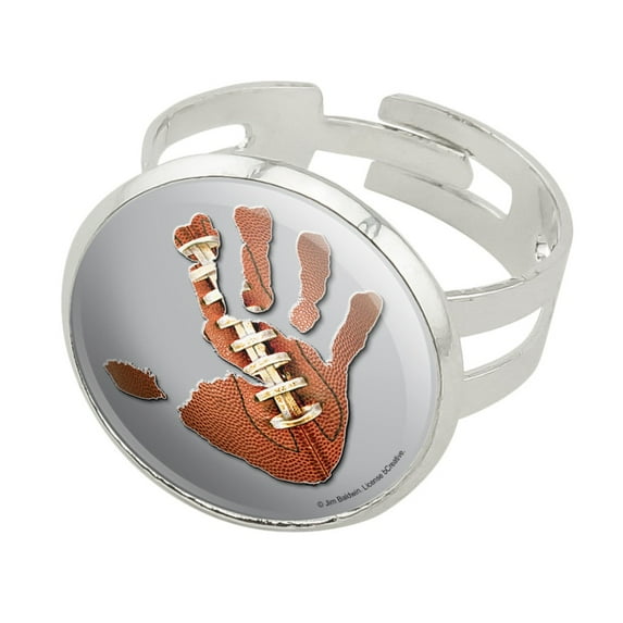Hand Print Football Get a Grip Silver Plated Adjustable Novelty Ring
