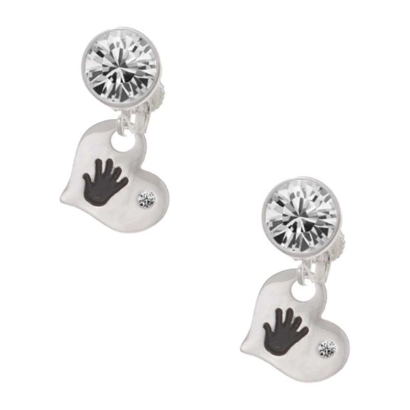 Hand Print Heart Clear Crystal Clip On Earrings