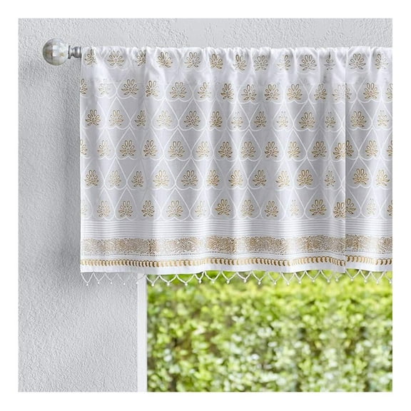 Hand Printed Valance Curtain - 44x17 Inch White Cotton Voile Window Treatment with Beaded Trim, Light Filtering, Boho Chic Style for Kitchen, Bedroom, Bathroom