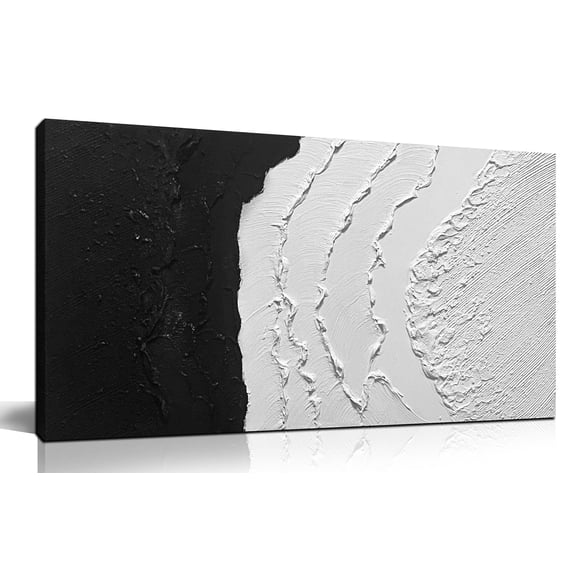 Handmade 3D Textured Abstract Wall Art, Black and White Sea Wave Thick Texture Oil Painting,40x20 Inches Minimalist Canvas Wall Decor for Living Room Bedroom Hallway Office