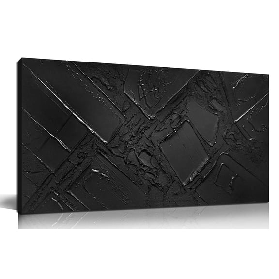 Large Hand Painted Black 3D Textured Abstract Wall Art, Minimalist Diagonal Line Raised Impasto Oil Painting, 40x20 Inches Canvas Wall Decor for Living Room Bedroom Hallway Office