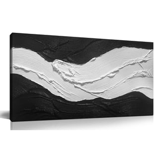 Hand-Painted 3D Textured Abstract Wall Art, Black & White Central Wave Impasto Painting, 40x20 inch Raised Canvas Wall Decor for Living Room, Bedroom, Hallway