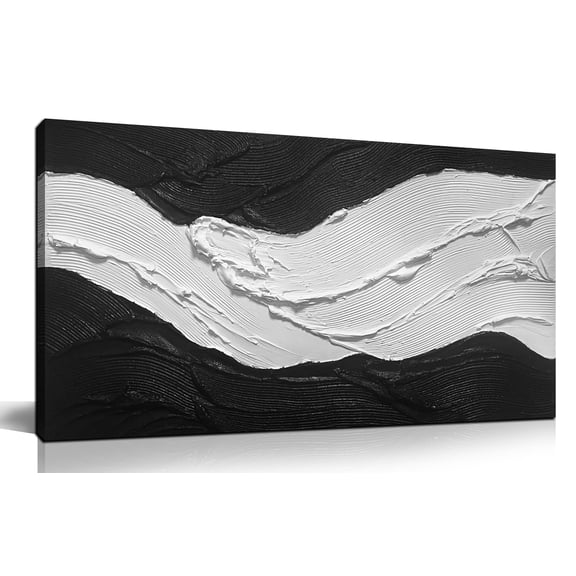 Hand Painted 3D Thick Textured Abstract Wall Art,Black White Center Wave Impasto Oil Painting, 40x20 Inches Raised Texture Canvas Wall Decor for Living Room Bedroom Hallway Office
