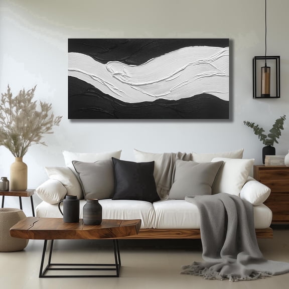 Large Hand Painted 3D Thick Textured Abstract Wall Art, Black White Center Wave Impasto Oil Painting,48x24 Inches Raised Texture Canvas Wall Decor for Living Room Bedroom Hallway Office