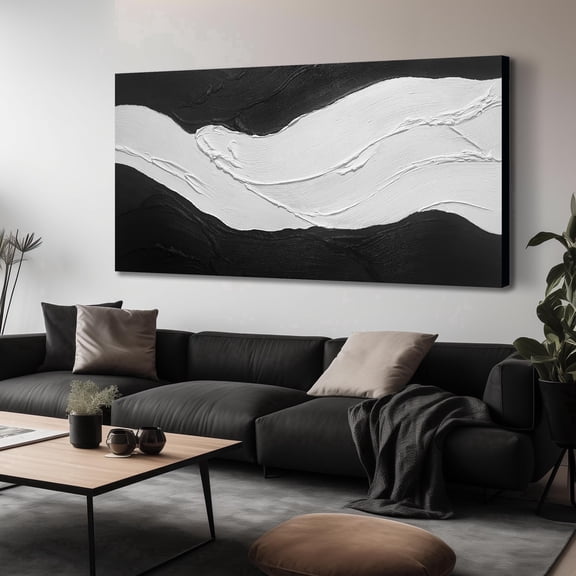 Large Hand Painted 3D Thick Textured Abstract Wall Art, Black White Center Wave Impasto Oil Painting Picture, 72x36 Inch Raised Texture Canvas Wall Decor for Living Room Bedroom Hallway Office