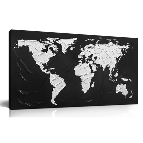 Textured Hand Painted World Map Canvas Wall Art, 3D Raised Texture Black White Global Map Painting, Large 48x24 Inches Abstract Wall Decor for Living Room Bedroom Office