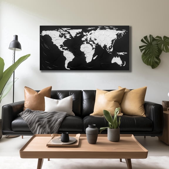 Textured Hand Painted World Map Canvas Wall Art, 3D Raised Texture Black White Global Map Painting Picture, 47x24 Inch Abstract Wall Decor for Living Room Bedroom Office