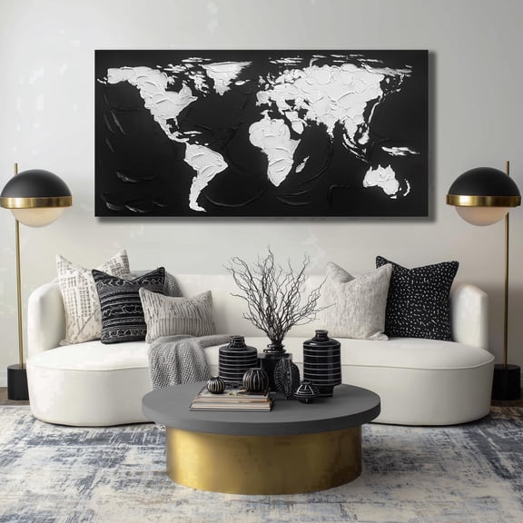Textured Hand Painted World Map Canvas Wall Art, 3D Raised Texture Black White Global Map Painting, Large 58x29 Inches Abstract Wall Decor for Living Room Bedroom Office