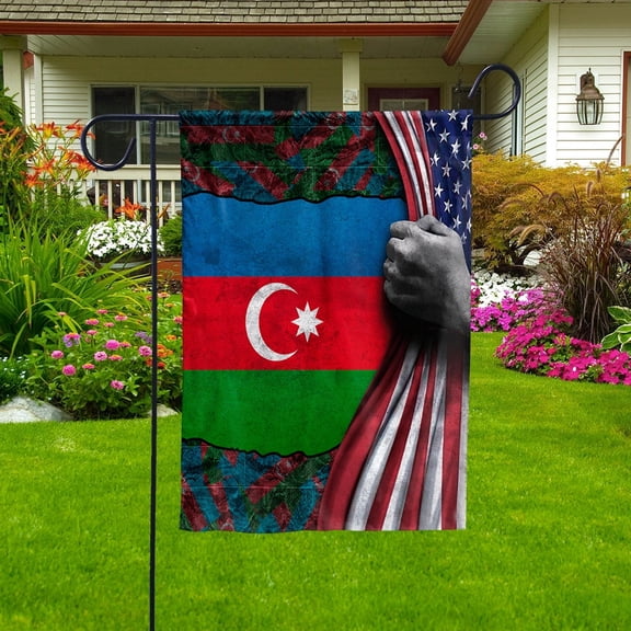 Hand Pulling American Flag Azerbaijan Azeri Root Patriot Garden Flag, Double-Sided Decorative Outdoor Flag, Patriotic Polyester Yard Flag 12 x 18 in
