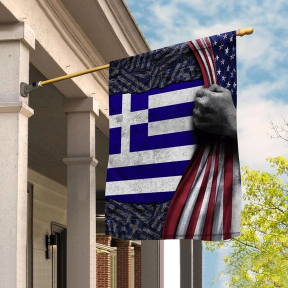 Hand Pulling American Flag Greece Greek Root Patriot Garden Flag, Double-Sided Decorative Outdoor Flag, Patriotic Polyester Yard Flag 12 x 18 in