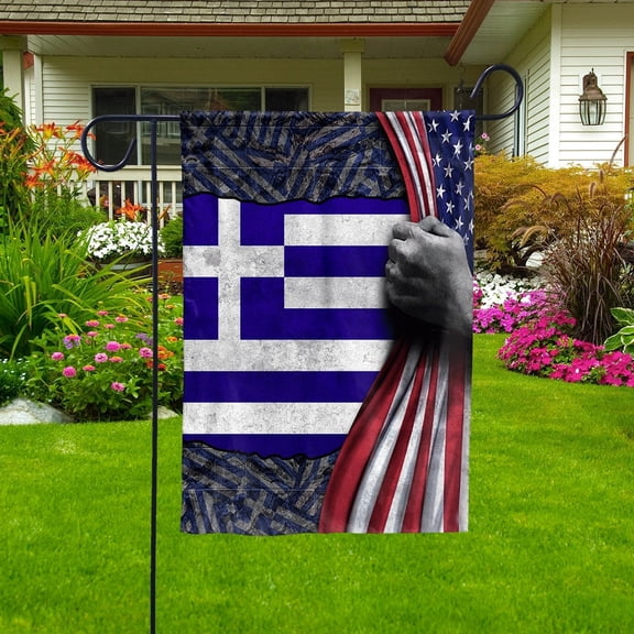 Hand Pulling American Flag Greece Greek Root Patriot House Flag, Double-Sided Decorative Outdoor Flag, Patriotic Polyester Yard Flag 29.5 x 39.5 in