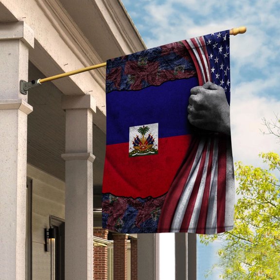 Hand Pulling American Flag Haiti American Flag Haitian Root Patriot House Flag (29.5x39.5) Double Sided-USA Flags Premium Polyester-Decorative Indoor Outdoor Flag