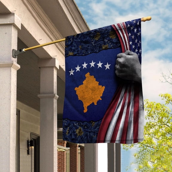 Hand Pulling American Flag Kosovo Kosovar Root Patriot Garden Flag, Double-Sided Decorative Outdoor Flag, Patriotic Polyester Yard Flag 12 x 18 in