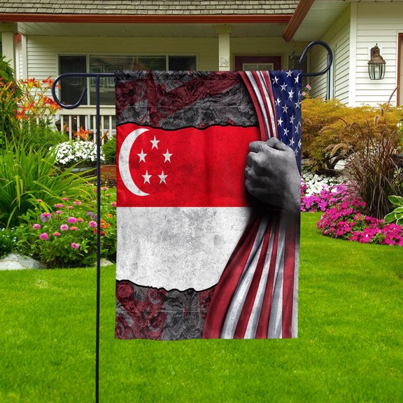 Hand Pulling American Flag Singapore Singaporean Root Patriot House Flag, Double-Sided Decorative Outdoor Flag, Polyester Yard Flag 29.5 x 39.5 in