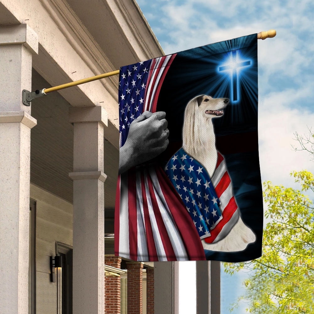 Hand Pulling USA Flag Afghan Hound Dog Wearing Flag American Standing under Cross Christian Patriotic House Flag (3x5) Double Sided- Premium Polyester-Decorative Indoor Outdoor Flag