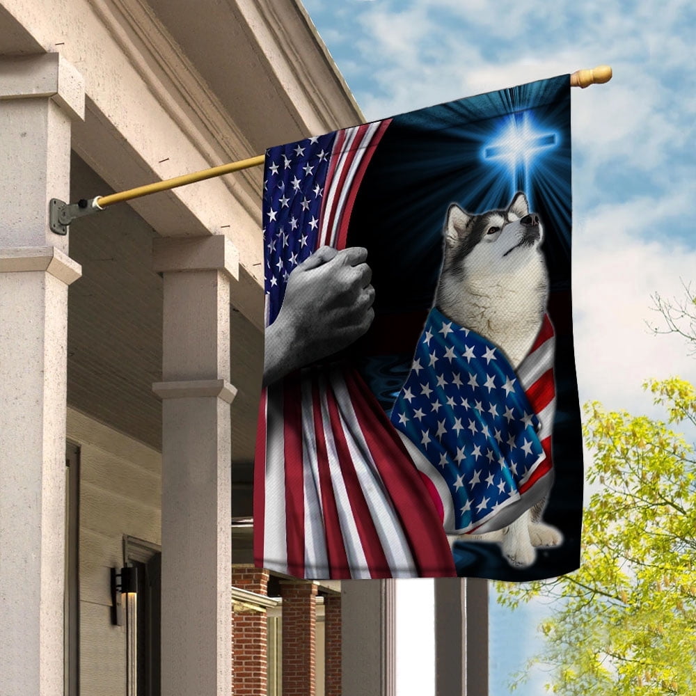 Hand Pulling USA Flag Alaska Dog Wearing Flag American Standing under Cross Christian Patriotic House Flag (3x5) Double Sided- Premium Polyester-Decorative Indoor Outdoor Flag