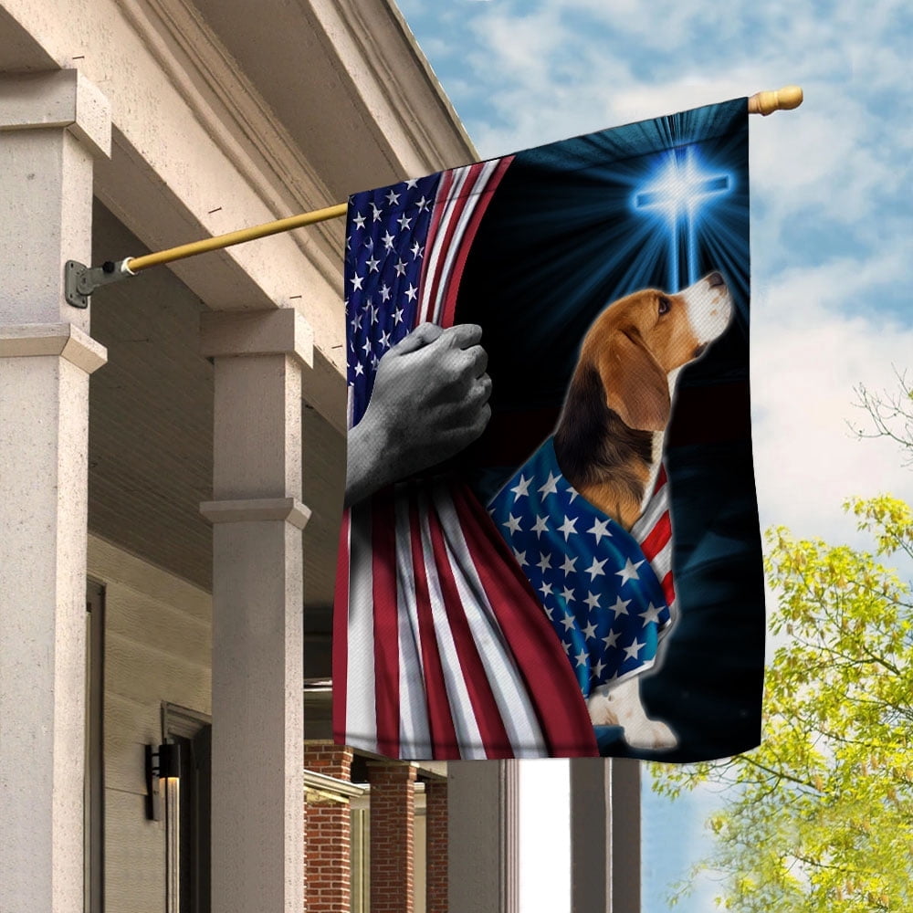 Hand Pulling USA Flag Beagle Dog Wearing Flag American Standing under Cross Christian Patriotic House Flag (3x5) Double Sided- Premium Polyester-Decorative Indoor Outdoor Flag