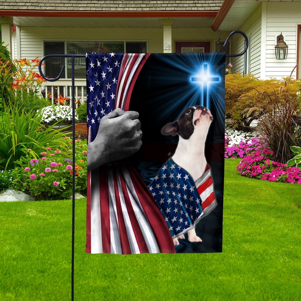 Hand Pulling USA Flag Boston Terrier Dog Wearing Flag American Standing under Cross Christian Patriotic Garden Flag (12x18) Double Sided- Premium Polyester-Decorative Indoor Outdoor Flag