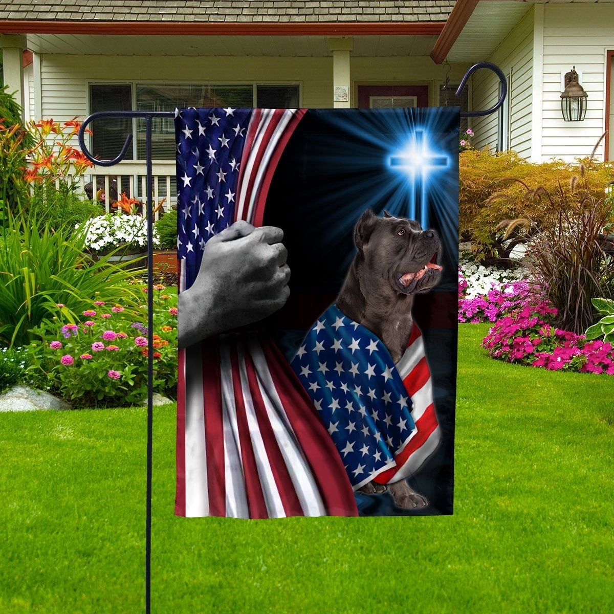 Hand Pulling USA Flag Cane Corso Dog Wearing Flag American Standing under Cross Christian Patriotic Garden Flag (2x3) Double Sided- Premium Polyester-Decorative Indoor Outdoor Flag