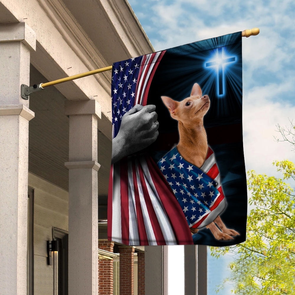 Hand Pulling USA Flag Chihuahua Dog Wearing Flag American Standing under Cross Christian Patriotic House Flag (3x5) Double Sided- Premium Polyester-Decorative Indoor Outdoor Flag
