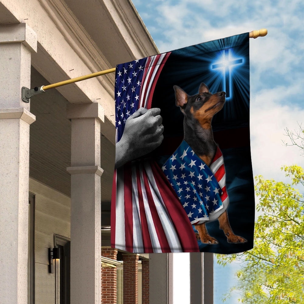 Hand Pulling USA Flag Doberman Pinscher Dog Wearing Flag American Standing under Cross Christian Patriotic House Flag (3x5) Double Sided- Premium Polyester-Decorative Indoor Outdoor Flag
