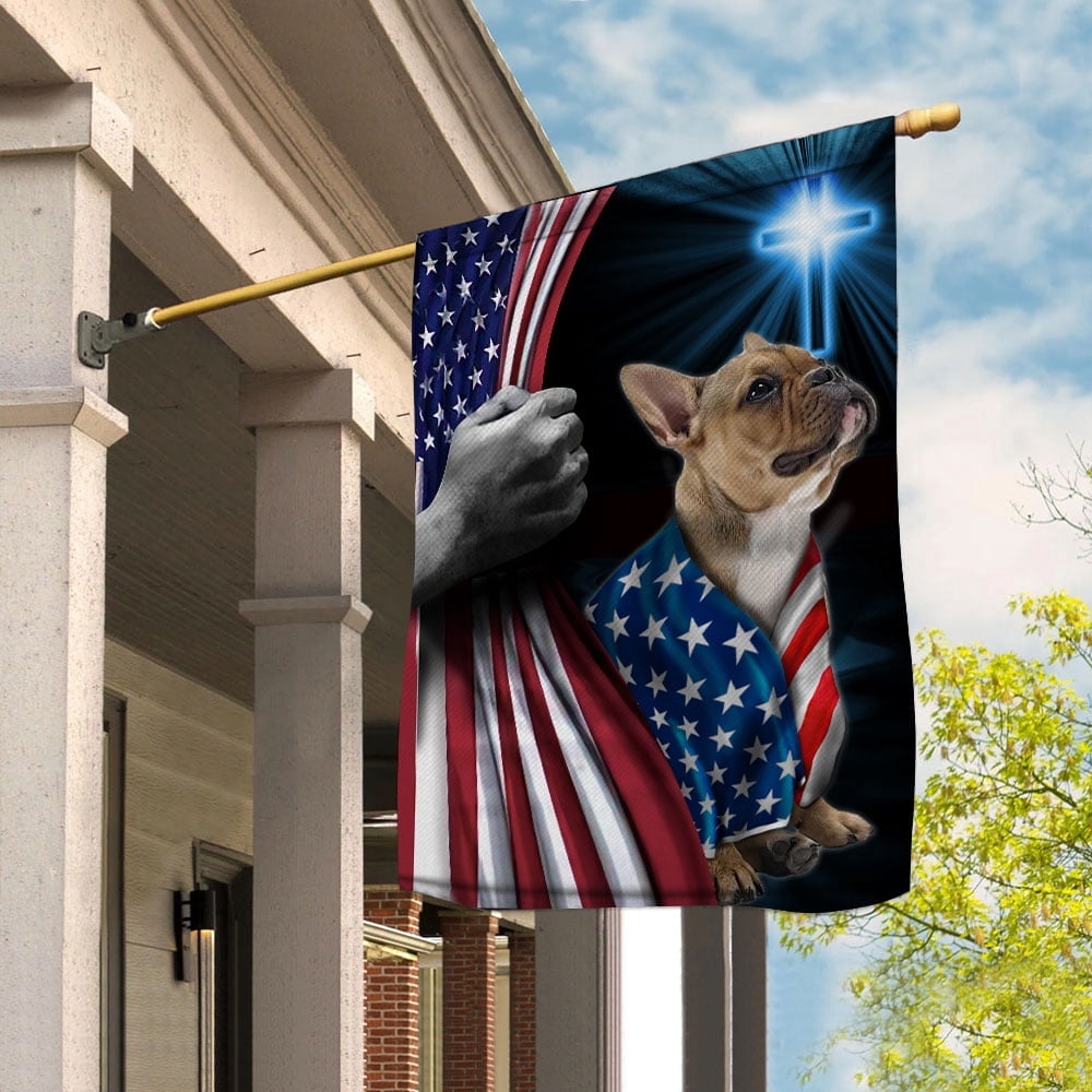 Hand Pulling USA Flag French Bulldog Dog Wearing Flag American Standing under Cross Christian Patriotic House Flag (3x5) Double Sided- Premium Polyester-Decorative Indoor Outdoor Flag
