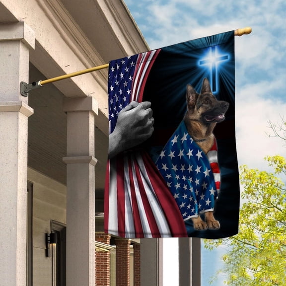 Hand Pulling USA Flag German Shepherd Dog Wearing Flag American Standing under Cross Christian Patriotic House Flag (3x5) Double Sided- Premium Polyester-Decorative Indoor Outdoor Flag
