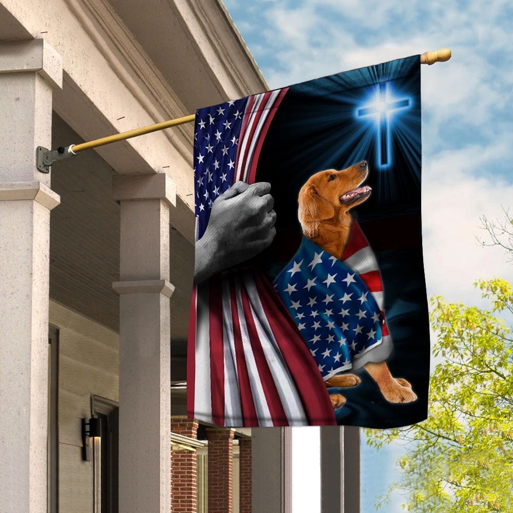 Hand Pulling USA Flag Golden Dog Wearing Flag American Standing under Cross Christian Patriotic House Flag (3x5) Double Sided- Premium Polyester-Decorative Indoor Outdoor Flag