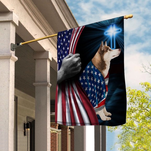 Hand Pulling USA Flag Husky Dog Wearing Flag American Standing under Cross Christian Patriotic House Flag (3x5) Double Sided- Premium Polyester-Decorative Indoor Outdoor Flag