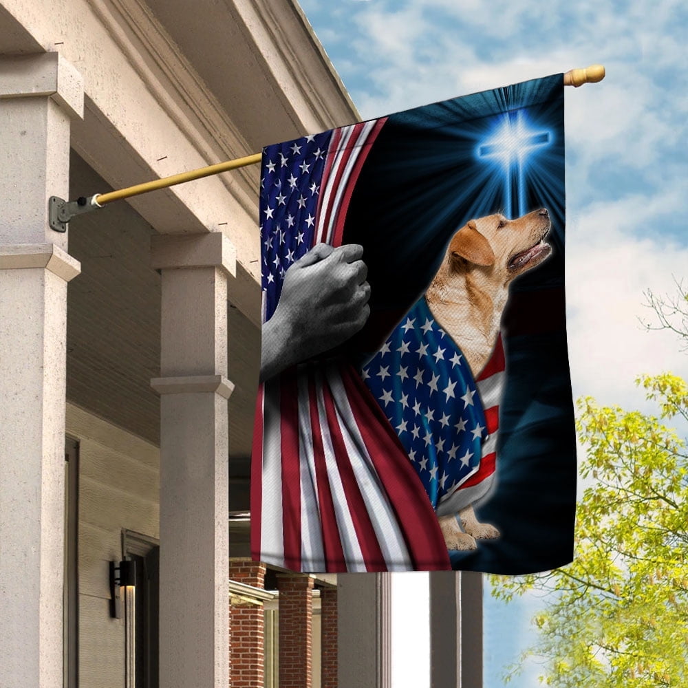 Hand Pulling USA Flag Labrado Dog Wearing Flag American Standing under Cross Christian Patriotic House Flag (3x5) Double Sided- Premium Polyester-Decorative Indoor Outdoor Flag