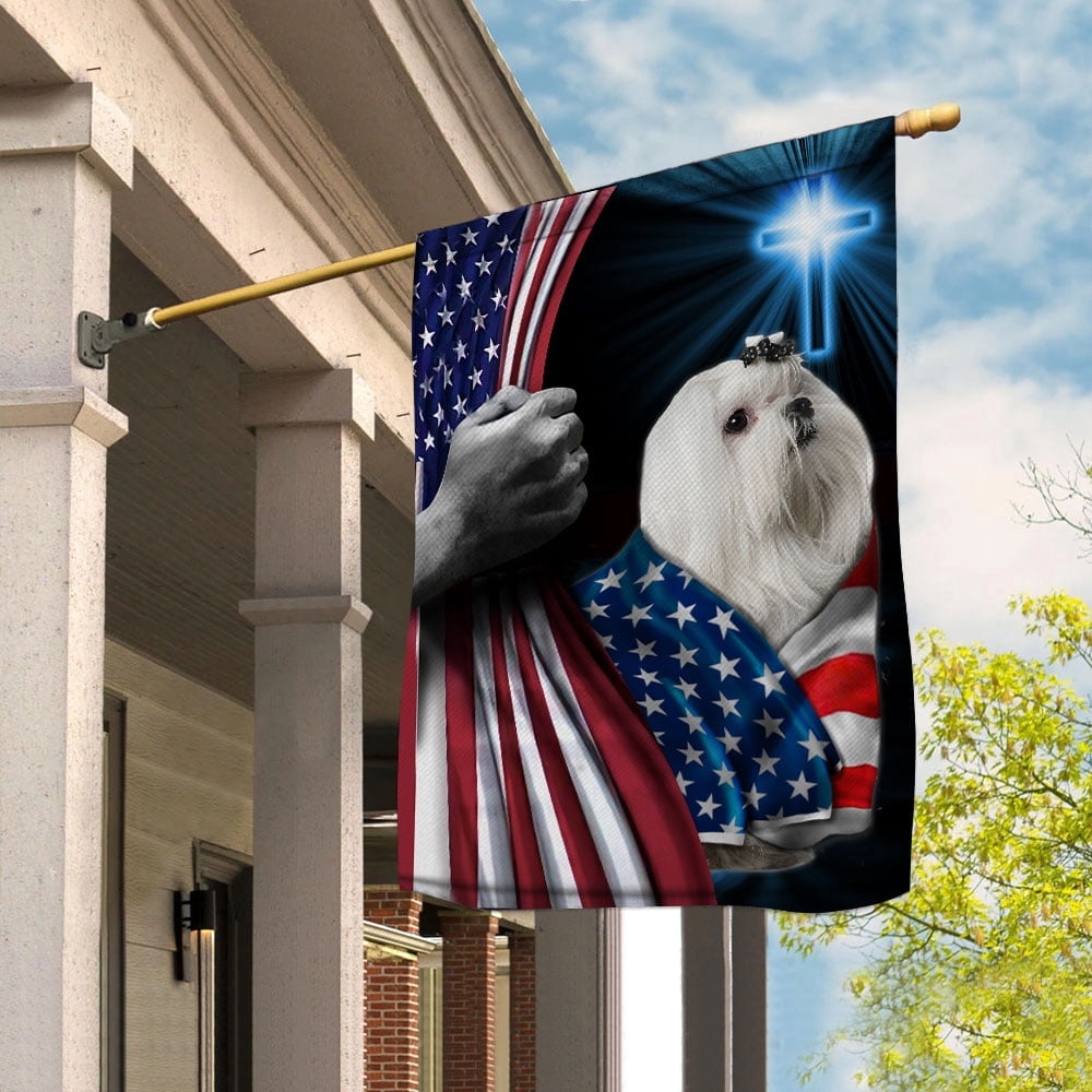 Hand Pulling USA Flag Maltese Dog Wearing Flag American Standing under Cross Christian Patriotic House Flag (3x5) Double Sided- Premium Polyester-Decorative Indoor Outdoor Flag