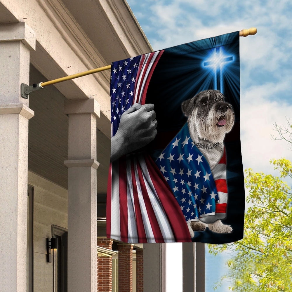 Hand Pulling USA Flag Miniature Schnauzer Dog Wearing Flag American Standing under Cross Christian Patriotic House Flag (3x5) Double Sided- Premium Polyester-Decorative Indoor Outdoor Flag