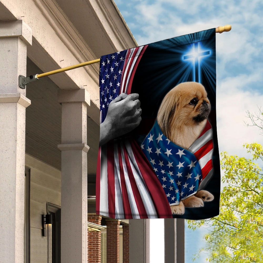 Hand Pulling USA Flag Pekingese Dog Wearing Flag American Standing ...