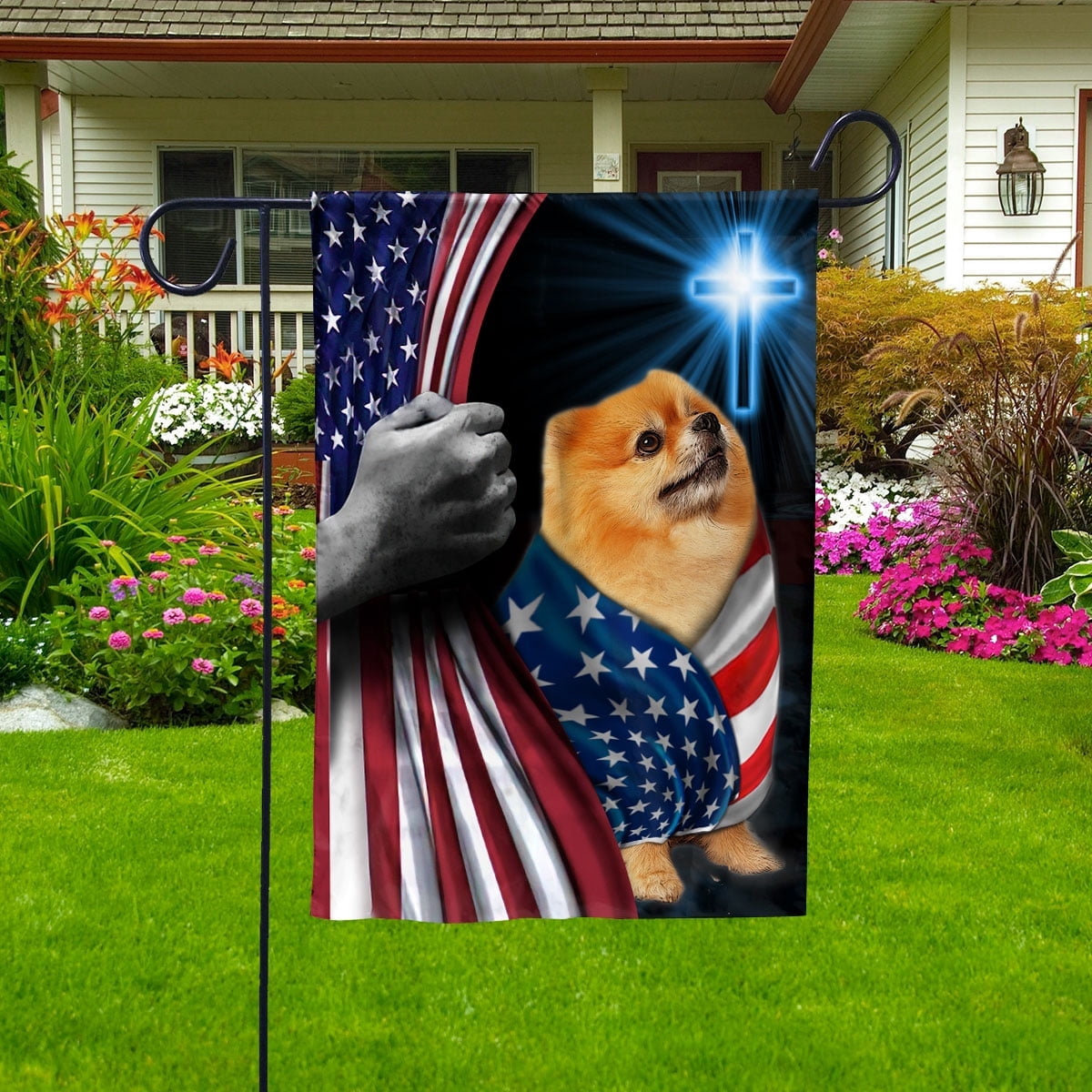 Hand Pulling USA Flag Pomeranian Dog Wearing Flag American Standing under Cross Christian Patriotic Garden Flag (3x5) Double Sided- Premium Polyester-Decorative Indoor Outdoor Flag