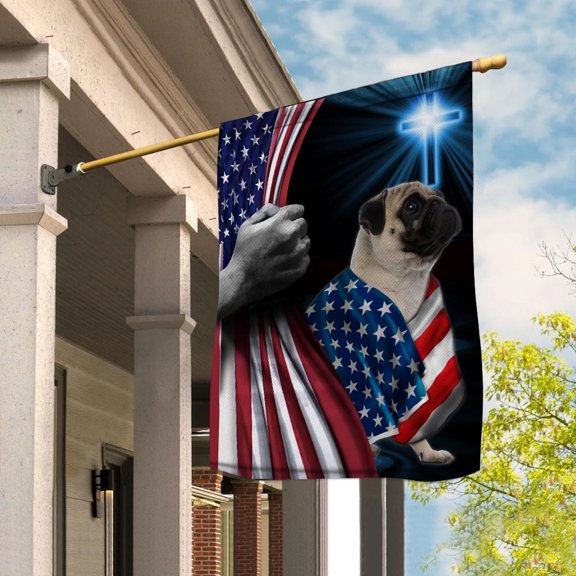 Hand Pulling USA Flag Pug Dog Wearing Flag American Standing under Cross Christian Patriotic House Flag (3x5) Double Sided- Premium Polyester-Decorative Indoor Outdoor Flag