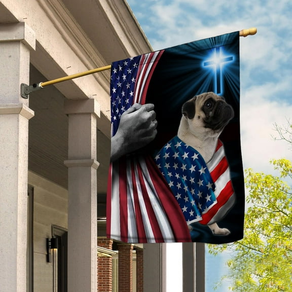 Hand Pulling USA Flag Pug Dog Wearing Flag American Standing under Cross Christian Patriotic House Flag (3x5) Double Sided- Premium Polyester-Decorative Indoor Outdoor Flag