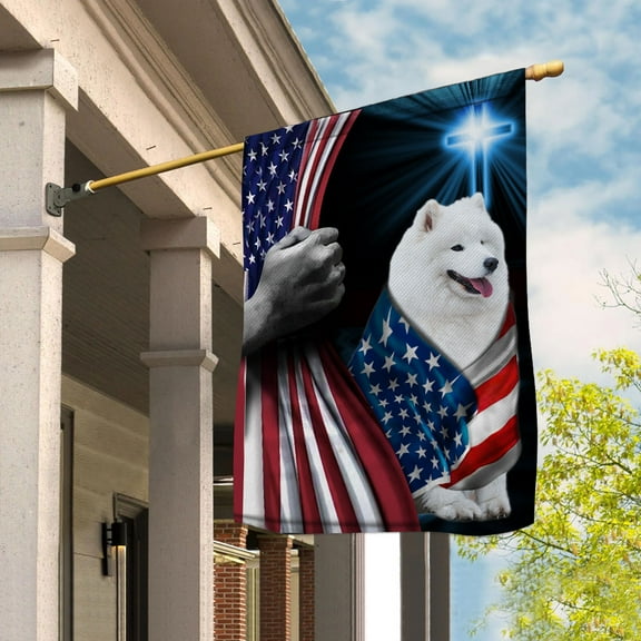 Hand Pulling USA Flag Samoyed Dog Wearing Flag American Standing under Cross Christian Patriotic House Flag (3x5) Double Sided- Premium Polyester-Decorative Indoor Outdoor Flag