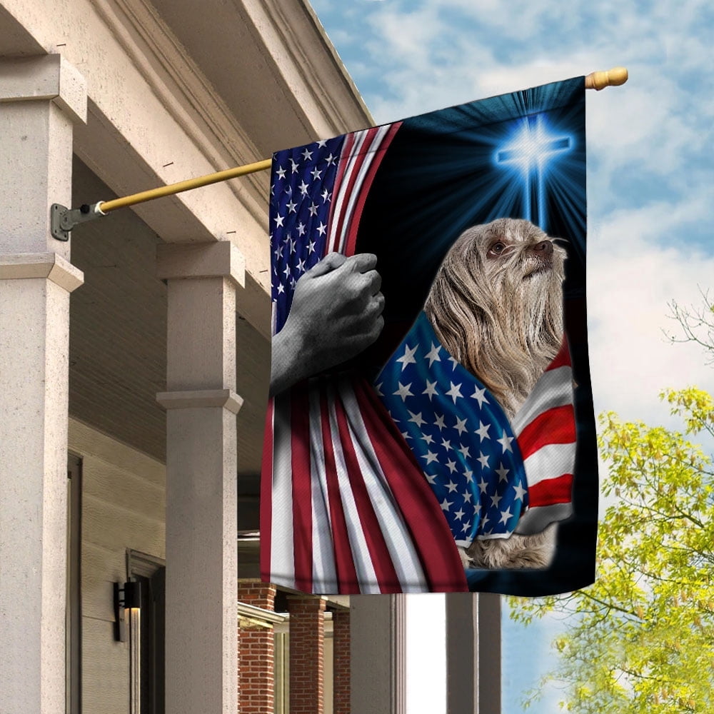 Hand Pulling USA Flag Shih Tzu Dog Wearing Flag American Standing under Cross Christian Patriotic House Flag (3x5) Double Sided- Premium Polyester-Decorative Indoor Outdoor Flag