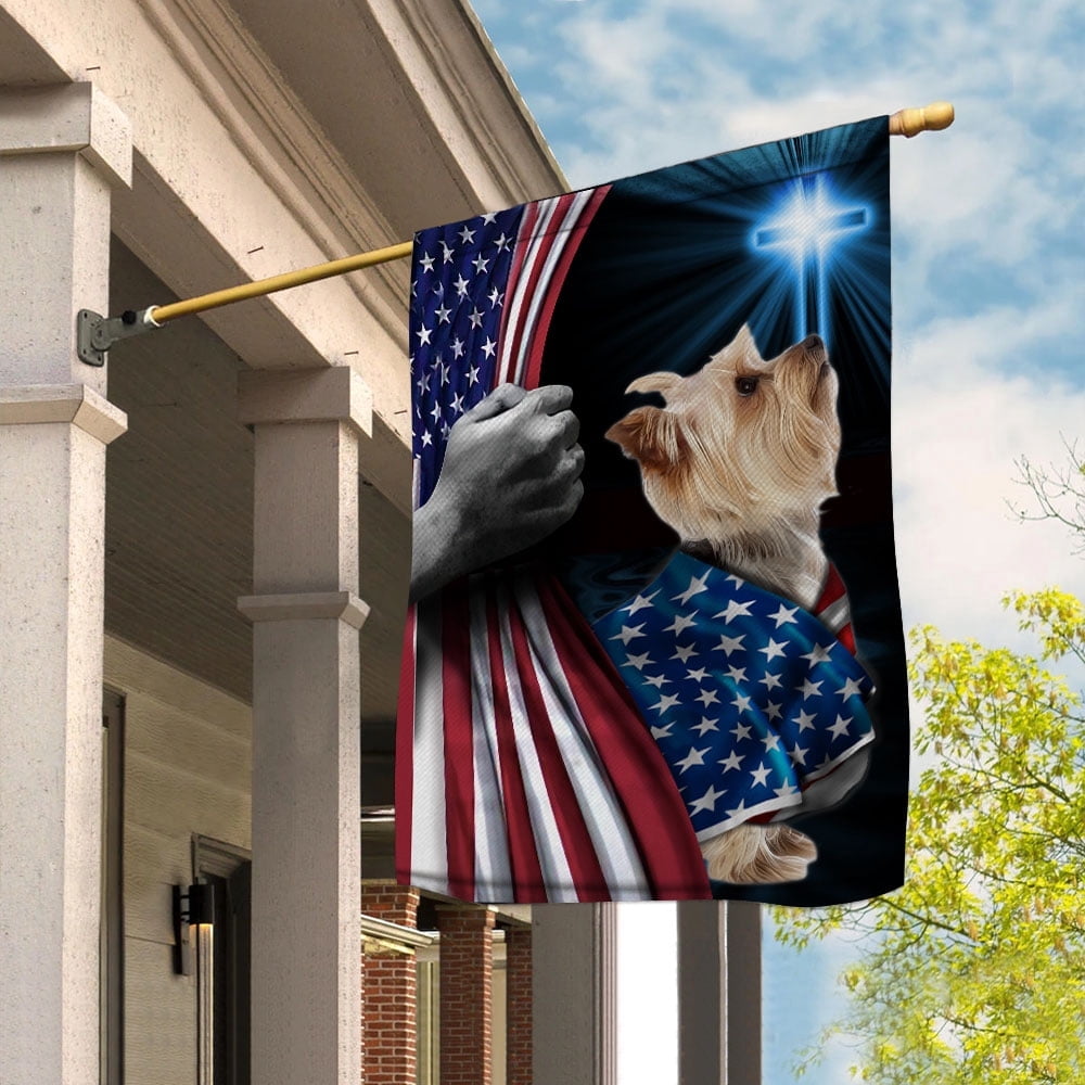 Hand Pulling USA Flag Yorkshire Terrier Dog Wearing Flag American Standing under Cross Christian Patriotic House Flag (12x18) Double Sided-Premium Polyester-Decorative Indoor Outdoor Flag