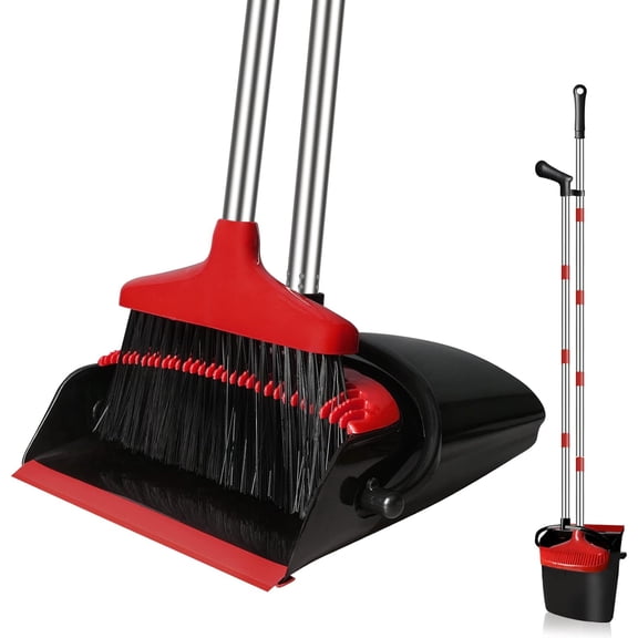 Hand Push Sweeper Spinning Broom with Long Handle, Efficient Hand Sweeper Broom for Household Cleaning (Red)