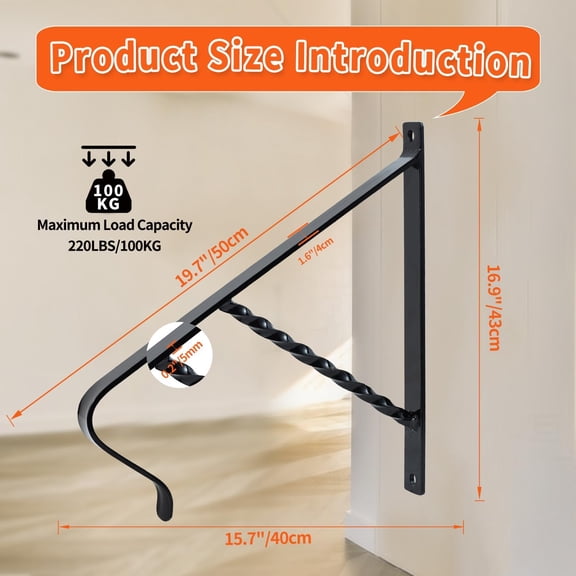 Hand Rails 1-2 Steps Porch Handrails Wrought Iron Handrail Grab Rail Single Post Railing 19.7"X 15.7" Black Stair Railing Bracket Metal Art Wall Mount Rail for Outdoor Step