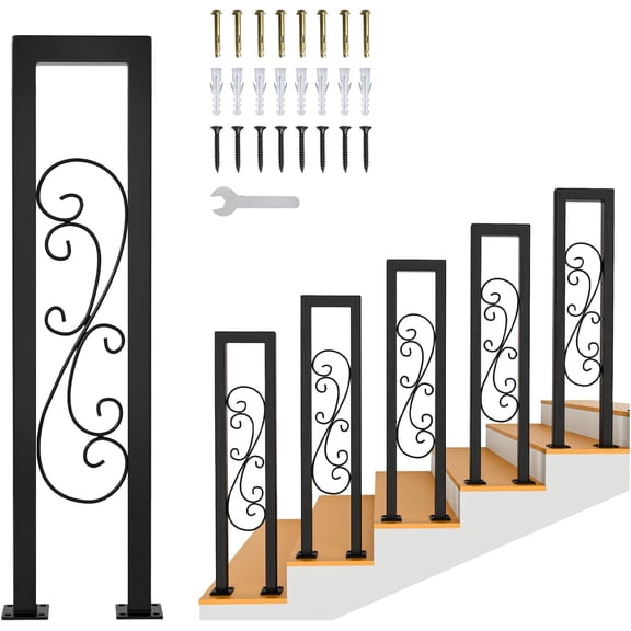 Hand Rails for Indoor Stairs, Modern U Shaped Handrails with S Scroll for Outdoor Steps, Matte Black Industrial Wrought Iron Stair Railing Indoor for Porch Garden Loft Corridor, 1Pcs(Tall:95cm/3.1ft)