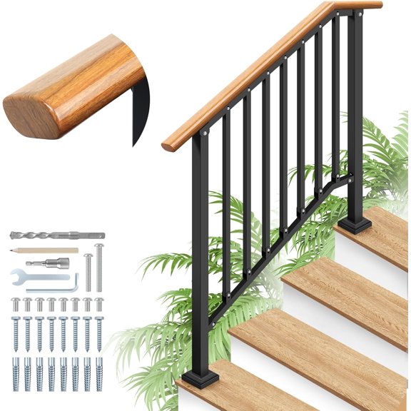 Hand Rails for Outdoor Steps, Metal Wood-Grain 4 Step Handrail, Outdoor Safety Balusters Railing Kit for Seniors & Kids, Anti-Wobble & Rustproof, Fits Concrete, Wood, Porch, Deck