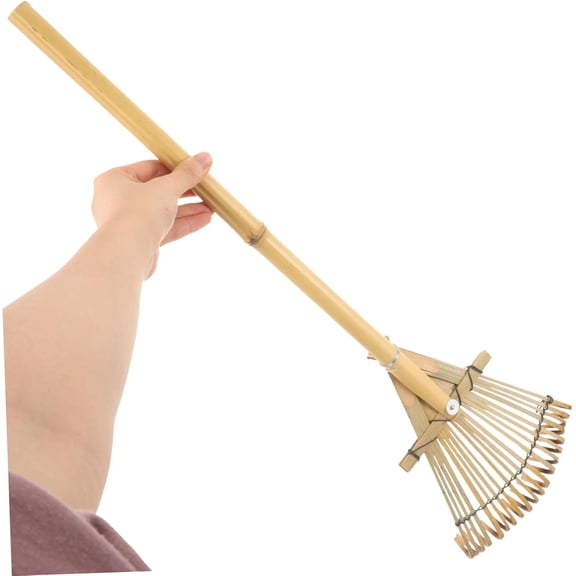 Hand Rake Gardening Tool with Wooden Handle for Soil Spreading Leaf Gathering and Lawn Maintenance