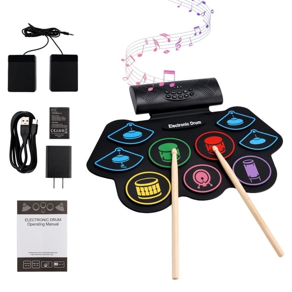 VIPQV Electronic Drum Set, 9-Drum Practice Pad with Headphone Jack, Hand-roll Drum Kit Machine with Built-in Speaker Drum Pedals and Sticks 10 Hours Playtime, Great Gift for Beginners