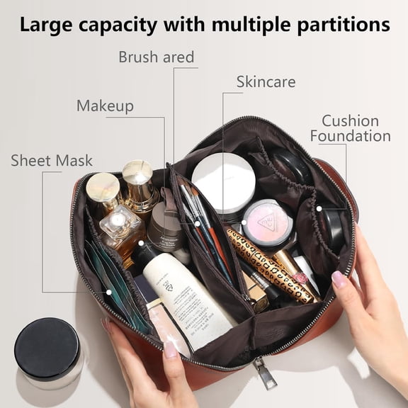 Hand Rubbed Genuine Leather Makeup Bag Vintage Brown Cowhide Cosmetic Case with Handle Handmade Travel Organizer for Women